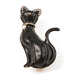 Black Alloy Enamel Brooch Pin for Clothes Backpack, Rhinestone Cat Badge, Black, 41x24.5x13mm