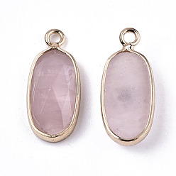 Rose Quartz Natural Rose Quartz Pendants, with Light Gold Plated Brass Edge and Loop, Oval, Faceted, 18x8x4mm, Hole: 1.6mm