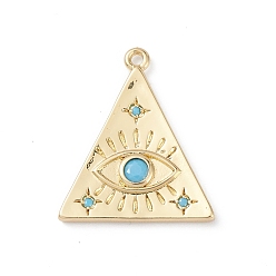 Real 18K Gold Plated Rack Plating Brass Pendants, with Synthetic Turquoise, Triangle with Eye Charms, Long-Lasting Plated, Cadmium Free & Lead Free, Real 18K Gold Plated, 21.5x18.5x2mm, Hole: 1.2mm