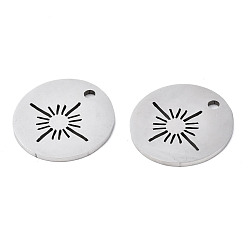 Stainless Steel Color 201 Stainless Steel Pendants, Laser Cut, Flat Round with Sun, Stainless Steel Color, 15.5x14.5x1mm, Hole: 1.6mm
