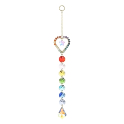 Heart Glass Teardrop Pendant Decorations, Hanging Suncatchers, with Octagon Glass Link and Natural Gemstone, for Home Decorations, Heart, 249mm