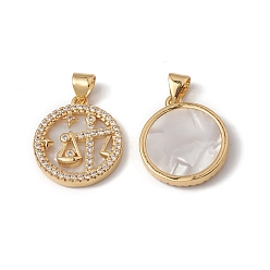 Libra Rack Plating Brass Shell Pendants, with Cubic Zirconia & Natural Shell, Flat Round with Constellation Charms, Cadmium Free & Lead Free, Long-Lasting Plated, Real 18K Gold Plated, Libra, 19x16x3mm, Hole: 4x3.5mm