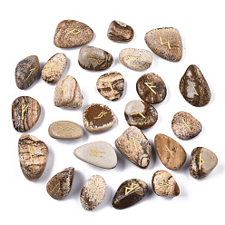 Picture Jasper Natural Picture Jasper Beads, Tumbled Stone, Healing Stones for Chakras Balancing, Crystal Therapy, Meditation, Reiki, Divination Stone, No Hole/Undrilled, Nuggets with Runes/Futhark/Futhorc, 14~33x11~22x5~16mm, about 25pcs/set