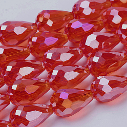 Red Electroplate Glass Beads Strands, AB Color Plated, Faceted Teardrop, Red, 7x5mm, about 65~67pcs/strand, 18~18.5 inch(45.5~46.9cm)