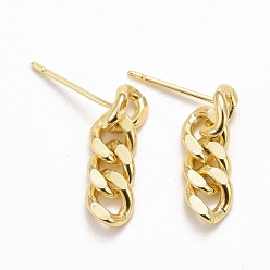 Real 14K Gold Plated Brass Cuban Link Chain Shape Danlge Stud Earrings, Drop Earrings for Women, Cadmium Free & Lead Free, Real 14K Gold Plated, 18x5.5x2.5mm, Pin: 0.8mm