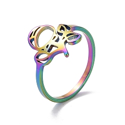 Rainbow Color Ion Plating(IP) 201 Stainless Steel Rose of Life Finger Ring, Hollow Wide Ring for Valentine's Day, Rainbow Color, US Size 6 1/2(16.9mm)