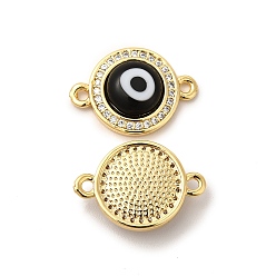 Black Rack Plating Real 18K Gold Plated Brass Micro Pave Clear Cubic Zirconia Connector Charms, Flat Round with Evil Eye Links, with Handmade Lampwork, Cadmium Free & Lead Free, Long-Lasting, Black, 18.5x13x4mm, Hole: 1.4mm