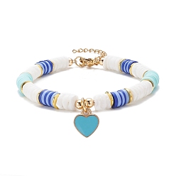 Blue Heart Charm Bracelet, Polymer Clay Heishi Surfer Bracelet, Preppy Jewelry for Women, Golden, Blue, 7-5/8 inch(19.4cm)