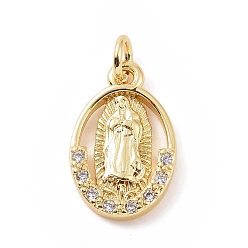 Golden Brass Micro Pave Cubic Zirconia Pendants, with Jump Ring, Oval with Religion Virgin Mary Charm, Golden, 15.5x10x2mm, Hole: 2.8mm