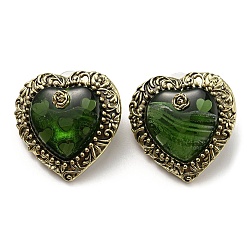 Green Glass Heart with Rose Stud Earrings, Antique Golden Alloy Earrings with 925 Sterling Silver Pins, Green, 32x31.5mm