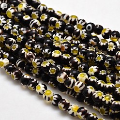 Noir Rondes verre de millefiori perles brins, noir, 6mm, Trou: 1mm, Environ 67 pcs/chapelet, 14.7 pouce