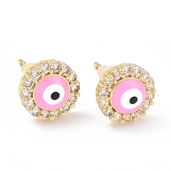 Pink Enamel Evil Eye Stud Earrings with Clear Cubic Zirconia, Gold Plated Brass Jewelry for Women, Cadmium Free & Lead Free, Pink, 9mm, Pin: 0.8mm