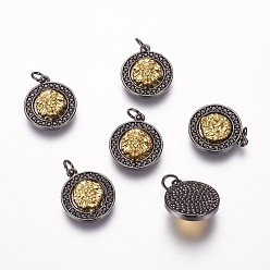 Real 18K Gold Plated Brass Micro Pave Cubic Zirconia Pendants, Cadmium Free & Nickel Free & Lead Free, Flat Round with Lion Head, Real 18K Gold Plated, 17.5x15x6mm, Hole: 3mm