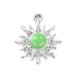 Lime Green Alloy Enamel Pendants, with Crystal Rhinestone, Smiling Sun Charms, Platinum, Lime Green, 22.5x19.5x2.5mm, Hole: 2mm
