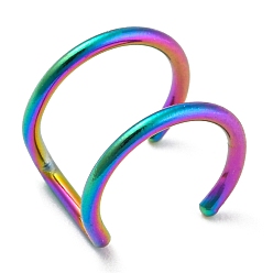 Rainbow Color Placage ionique (ip) 304 boucles d'oreilles manchette double ligne en acier inoxydable, anneaux de nez non perçants, faux anneaux à lèvres, couleur arc en ciel, 9.5x10.5x8mm