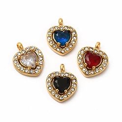 Mixed Color Vacuum Plating 304 Stainless Steel Cubic Zirconia Pendants, with Rhinestone, Heart Charms, Mixed Color, 12.5x10x3.5mm, Hole: 1.8mm