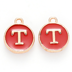 Letter T Golden Plated Alloy Charms, with Enamel, Enamelled Sequins, Flat Round, Red, Letter.T, 14x12x2mm, Hole: 1.5mm, 50pcs/Box