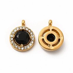 Black Vacuum Plating 304 Stainless Steel Cubic Zirconia Pendants, with Rhinestone, Flat Round Charms, Black, 13x10.5x4mm, Hole: 1.8mm