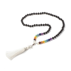 Mixed Stone Sun and Tassel Big Pendant Buddhist Necklace, Natural Lava Rock & Mixed Gemstone Mala Beads Jewelry for Women, 27.56 inch(70cm)
