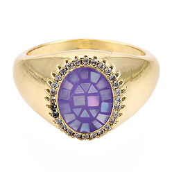 Средний Фиолетовый Овальное кольцо из натуральной раковины морского ушка/пауа с прозрачным кубическим цирконием, толстое кольцо из настоящей позолоченной латуни 18k для женщин, без никеля , средне фиолетовый, размер США 7 1/4 (17.5 мм)
