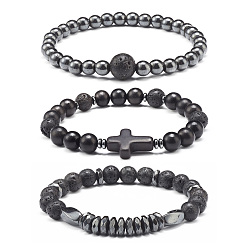 Hematite Energy Power Cross Beads Stretch Bracelets Set for Men Women, Natural Wood & Synthetic Turquoise(Dyed) & Synthetic Hematite & Natural Lava Rock Beads Bracelets, Inner Diameter: 2-1/8 inch(5.5cm), 3pcs/set
