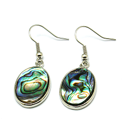 Colorful Abalone Shell/Paua ShellEarrings, Single Side, with Brass Earring Hooks, Oval, Colorful, 40x15x3mm