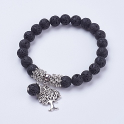 Lava Rock Natural Lava Rock Stretch Charm Bracelets, with Alloy Tree Pendants, with Burlap Paking Pouches Drawstring Bags, Antique Silver, 2-3/8 inch(60mm)