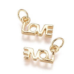 Golden Brass Charms, Long-Lasting Plated, Word LOVE, Golden, 7.5x13x2mm, Hole: 4mm