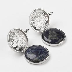 Sodalite Natural Sodalite Pendants, with Brass Diffuser Locket Findings, Flat Round with Tree, 31x25x8mm, Hole: 4mm
