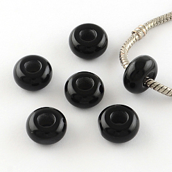 Noir Résine des yeux de chat imitation perles européennes, perles de rondelle avec grand trou , noir, 13~14x7~7.5mm, Trou: 5mm
