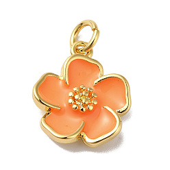 Coral Rack Plating Brass Enamel Charms, Lead Free & Cadmium Free, with Jump RIng, Real 18K Gold Plated, Long-Lasting Plated, Flower Charm, Coral, 15x13x3.5mm