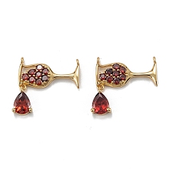 Real 18K Gold Plated Brass Micro Pave Red Cubic Zirconia Pendants, Long-Lasting Plated, Wine Cup with Teardrop, Real 18K Gold Plated, 21x22x3mm, Hole: 1mm