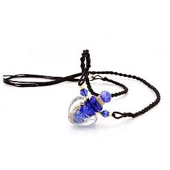 Blue Lampwork Perfume Bottle Necklaces with Ropes, Heart, Blue, 22.05~28.35 inch(56~72cm), Pendant: 22x12x20, Capacity: 1ml(0.03fl. oz)