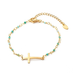Amazonite Cross Link Bracelet, Natural Amazonite Beads Bracelet for Girl Women, Golden, 7-1/4 inch(18.5cm)
