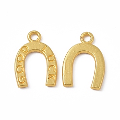 Matte Gold Color Rack Plating Alloy Pendants, Cadmium Free & Lead Free & Nickle Free, Horseshoe with Word Good Luck Charms, Matte Gold Color, 17.5x12.5x1.5mm, Hole: 2mm