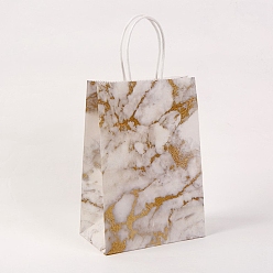 Blanc Antique Sacs en papier kraft, avec poignées, sacs-cadeaux, sacs à provisions, rectangle, motif de texture de marbre, blanc antique, 21x15x8 cm