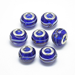 Blue Handmade Lampwork European Beads, with Platinum Brass Double Cores, Large Hole Beads, Rondelle, Blue, 13~15x10mm, Hole: 5mm