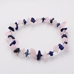 Blue Gemstone Stretch Bracelets, with Iron Findings, Silver Color Plated Natural Lapis Lazuli(Dyed) and Rose Quartz Beads, Blue and Pink, 55mm