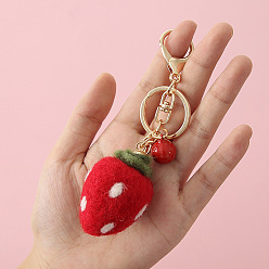 Strawberry Wool Felt Keychain, with Iron Key Rings & Lobster Claw Clasps & Bell, Strawberry Pattern, 14.5cm