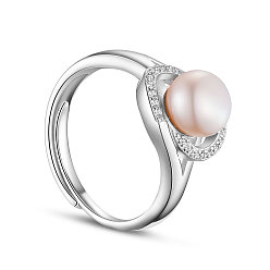 PeachPuff SHEGRACE Rhodium Plated 925 Sterling Silver Finger Ring, Micro Pave AAA Cubic Zirconia Oval with Freshwater Pearl, Platinum, PeachPuff, 18mm