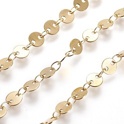Golden Ion Plating(IP) 304 Stainless Steel Link Chains, Flat Sequin Chains, Soldered, with Spool, Flat Round, Golden, 5x0.5mm, about 32.8 Feet(10m)/roll