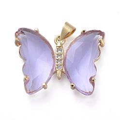 Lavender Brass Micro Pave Clear Cubic Zirconia Pendants, with Glass, Butterfly, Golden, Lavender, 20x26.5x5mm