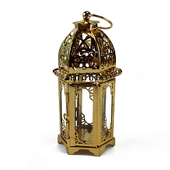 Claro Linterna de vela de ramadán de hierro chapado en oro retro, Portavelas de lámpara colgante decorativa de vidrio portátil para decoración del hogar, Claro, 7x15.5 cm