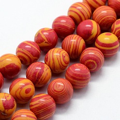 Rouge Orange Perles synthétiques malachite brins, teint, ronde, rouge-orange, 10mm, Trou: 1mm, Environ 38 pcs/chapelet, 14.96 pouce (38 cm)