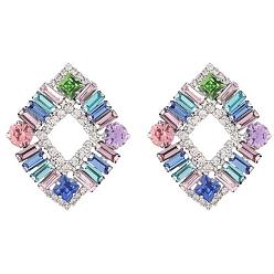 Colorido Pendientes de rombos huecos de cristal pendientes de botón, joyas de latón, colorido, 42x35 mm, pin: 0.6 mm