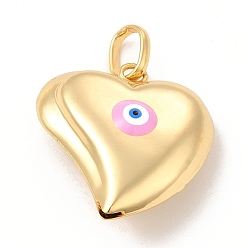 Pearl Pink Brass Pendants, with Enamel, Real 18K Gold Plated, Long-Lasting Plated, Heart with Evil Eye Charm, Pearl Pink, 33x30x12mm, Hole: 8.5x5mm