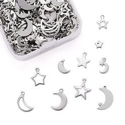 Stainless Steel Color 200Pcs 10 Style 304 Stainless Steel Charms, Moon & Star, Stainless Steel Color, 20pcs/style