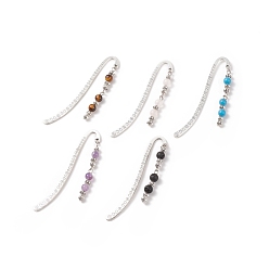 Mixed Stone Tibetan Style Alloy Bookmarks/Hairpins, Pendant Book Markers, with Gemstone Round Beads, 83x14x1.5mm