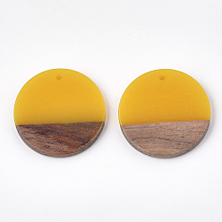 Gold Resin & Walnut Wood Pendants, Flat Round, Gold, 28.5x3.5~4mm, Hole: 1.5mm