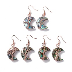 Rose Gold Natural Paua Shell Crescent Moon Dangle Earrings, Brass Wire Wrap Jewelry for Women, Cadmium Free & Lead Free, Rose Gold, 48~50mm, Pin: 0.5mm